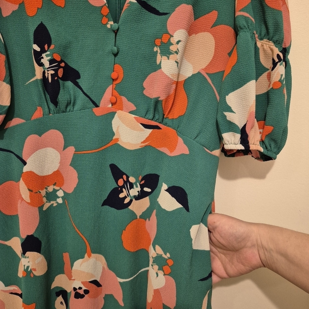 VINCE CAMUTO Pebble Crepe Vintage Floral Midi Dress Puff Sleeves Pockets Size 6